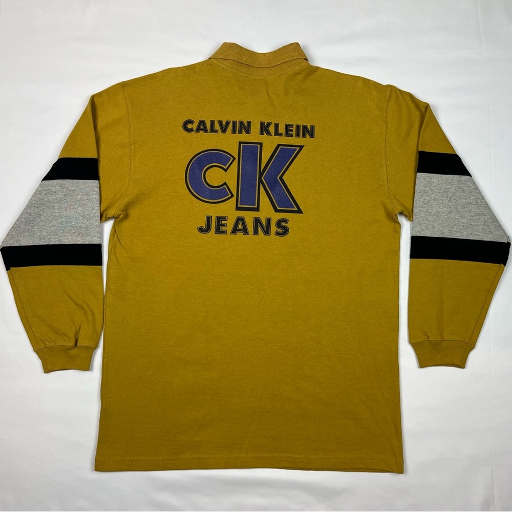 Vtg Calvin Klein Mens Rugby Polo Shirt Sz Large 90s Mustard Khaki B3